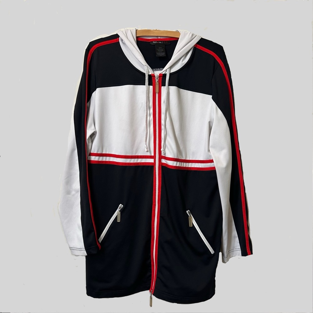 Style & Co. Sport Women’s Retro Hoodie Cardigan. Black White, red Accent Size XL